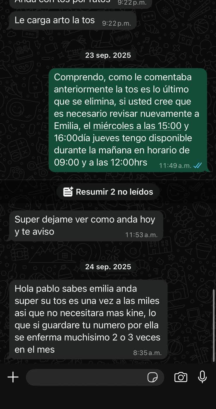 Conversación de seguimiento por kinesiología respiratoria infantil